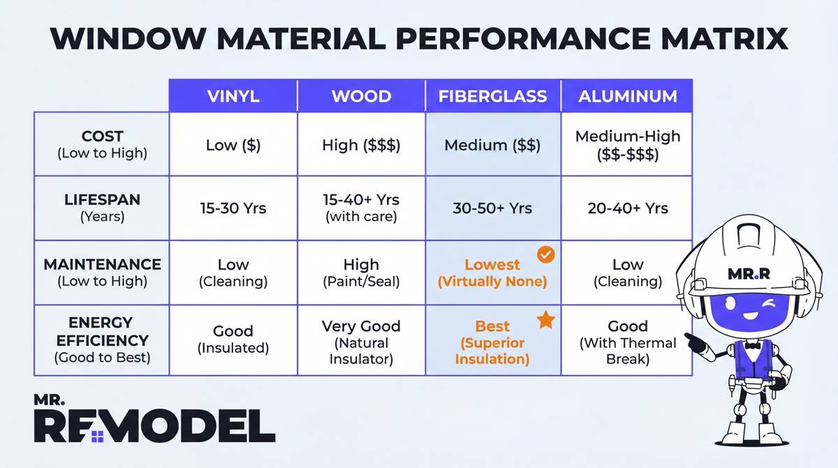 A comparison matrix infographic ranking window materials (Vinyl, Wood, Fiberglass, Aluminum) by cost, lifespan, maintenance, and energy efficiency.